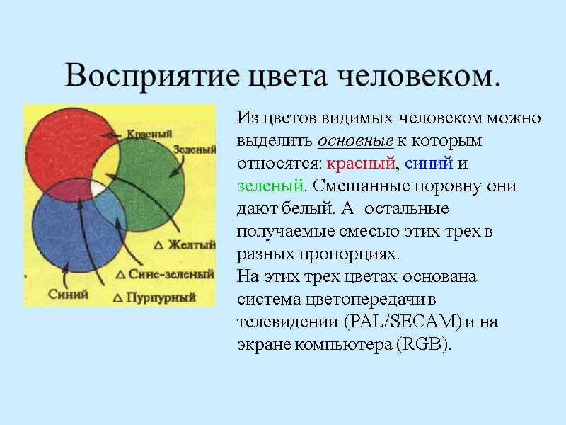 Восприятие цвета человеком. Из цветов видимых человеком можно выделить основные к которым относятся: красный,